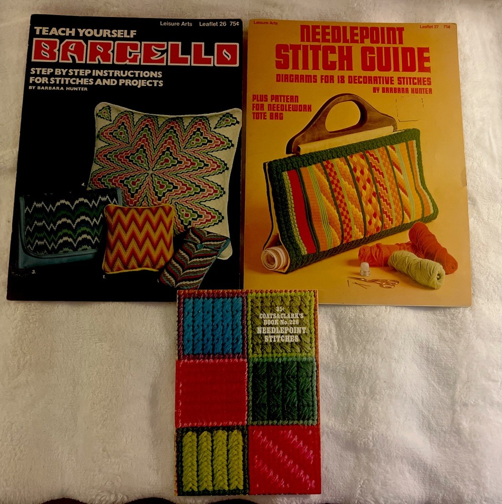 Vintage Needlepoint Bargello Books Lot Leisure Arts Coats & Clark Stitch Guide