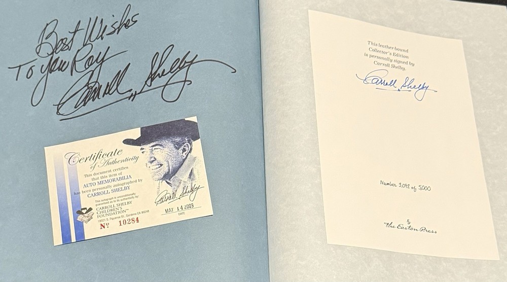 Carroll Shelby Signed Mustang Easton Press Book Inscribed To Roy Olcott & COA