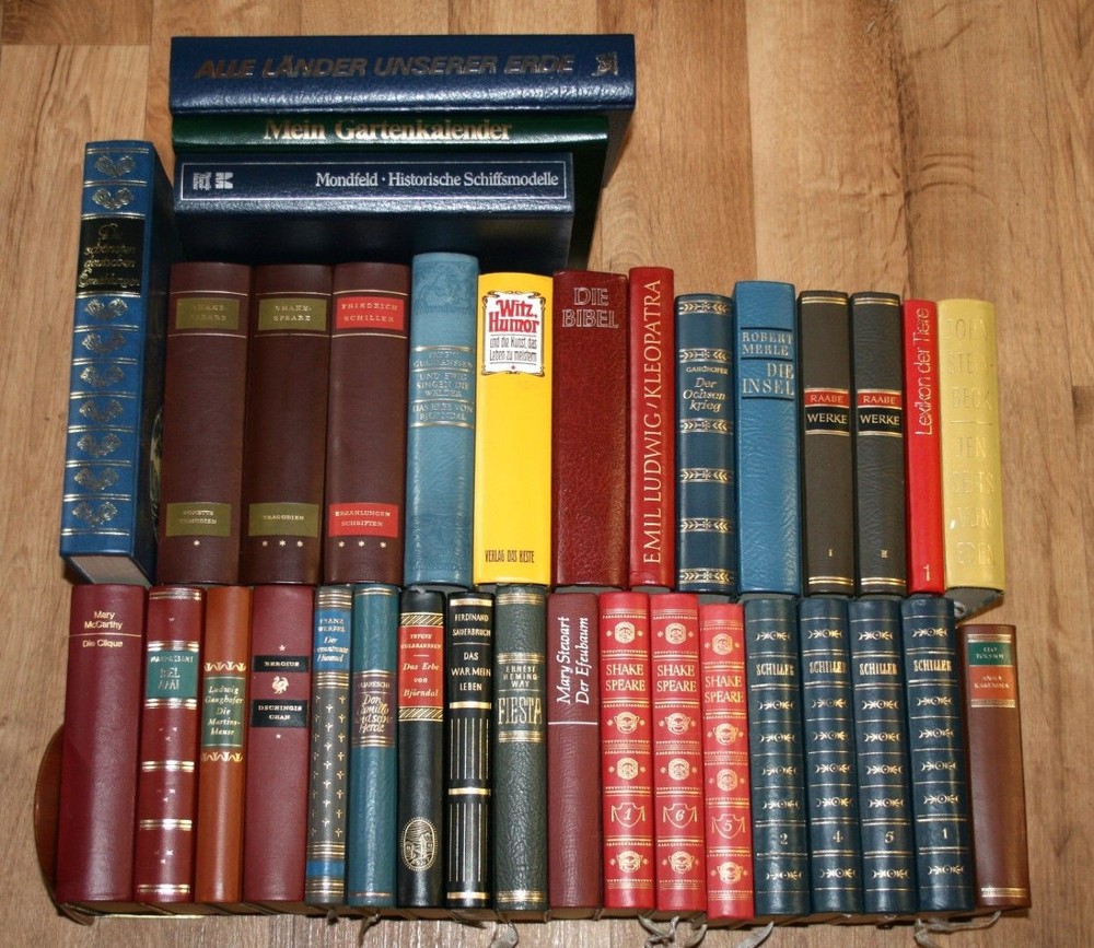 35 Bücher, Romane, Erzählungen, Klassiker, Werke in LEDER gebunden. Paket.