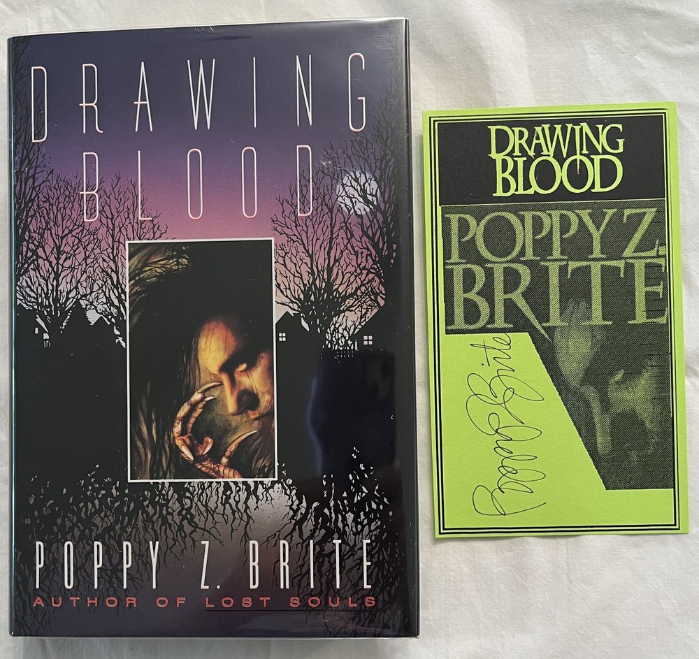 DRAWING BLOOD ~ POPPY Z. BRITE ~ SIGNED CARD ~ 1993 ~ 1ST ED ~ DELACORTE PRESS