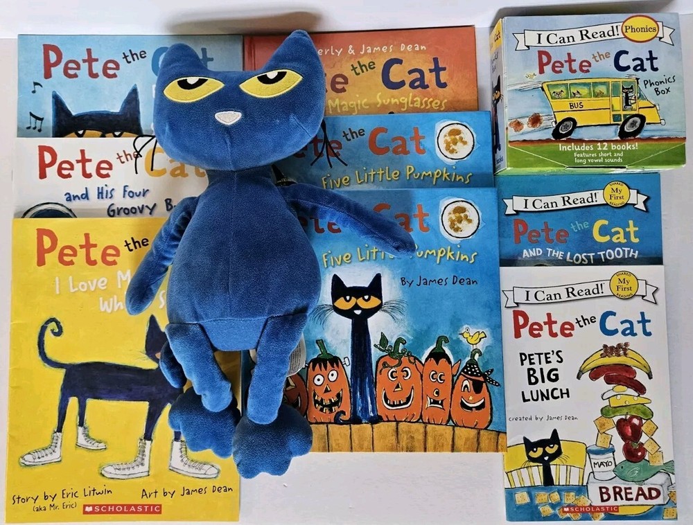Lot of 8 Various Pete the Cat Picture Books 12 Book Phonics Set & 15″ Plush