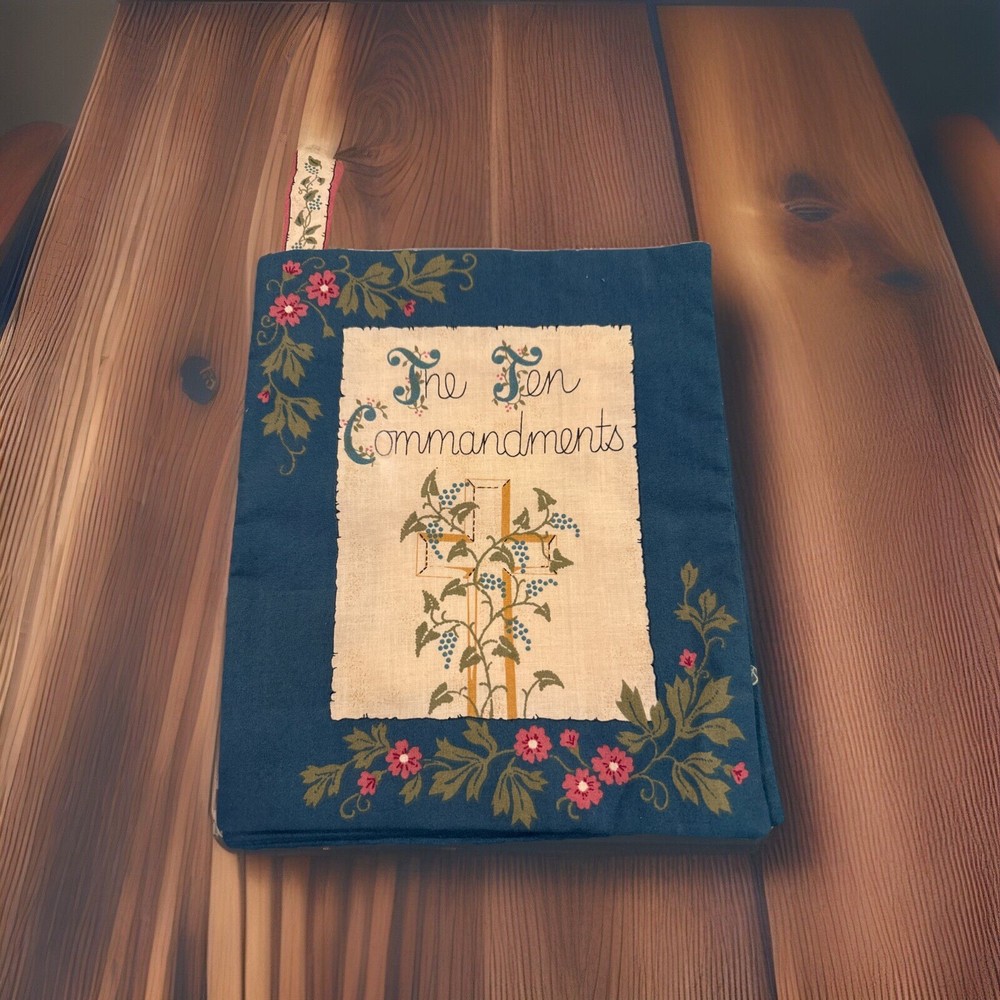 Vintage Cloth -Quilted 10 Commandments Book with Bookmark! 10 1/2 Inches Long