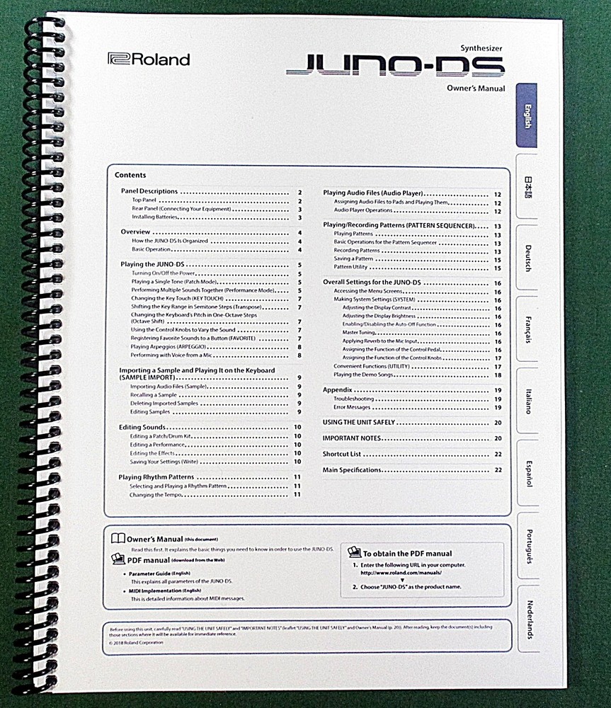 Roland Juno-DS Owner’s Instruction Manual: 22 Pages & Protective Covers!